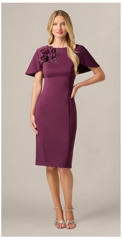 Cape Sleeve 3D Floral Stretch Sheath Dress In Pinot Noir