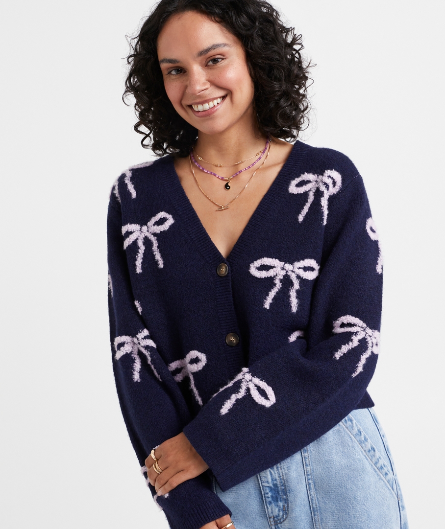 AUDREY V NECK BOW CARDIGAN