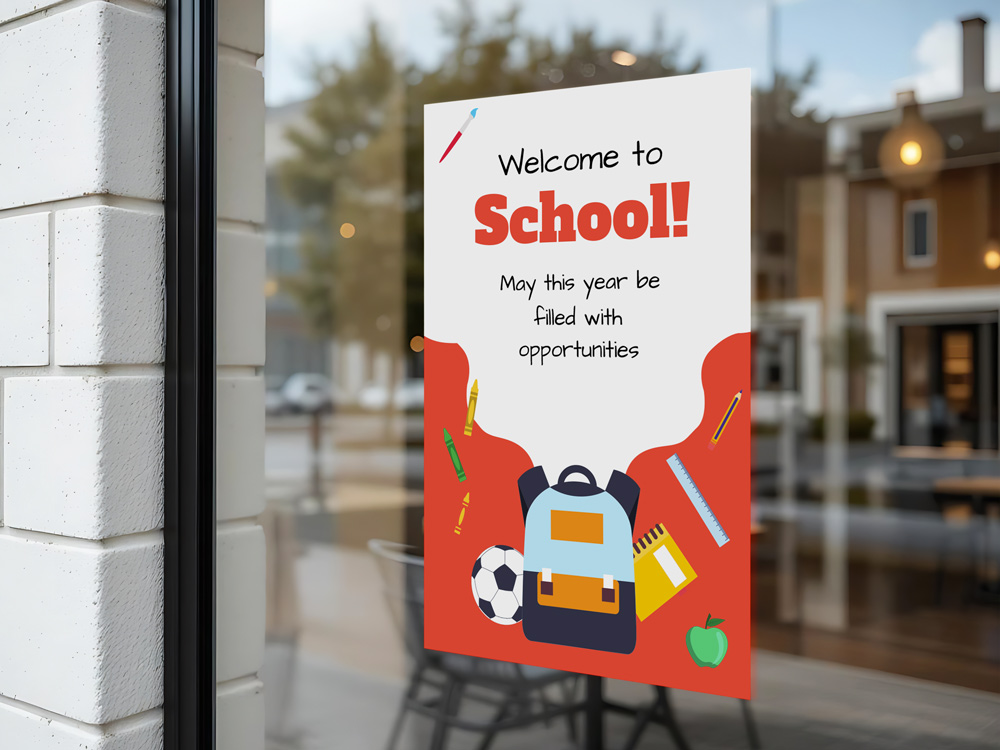 Colorful welcome-to-school window decal featuring a backpack, school supplies, and an encouraging message.