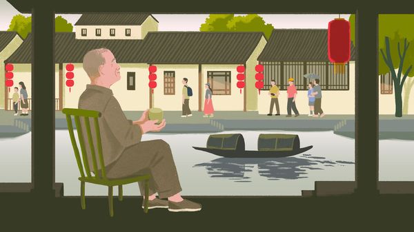 illustration of an elderly person siting by a canal in a traditional Chinese water town  