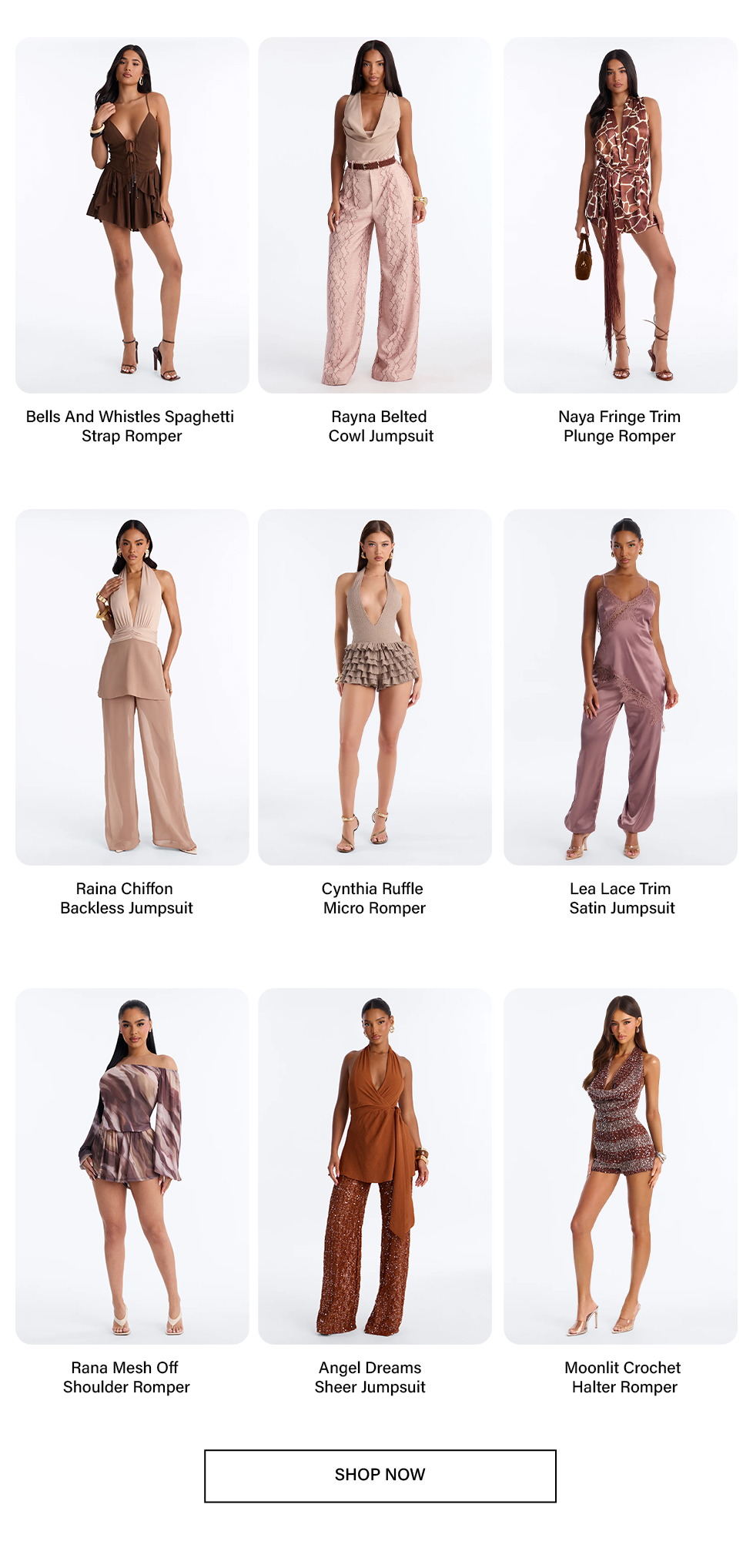 Nine models showcase a new collection of trendy women's rompers and jumpsuits, featuring diverse styles and earthy colors. Shop now.
