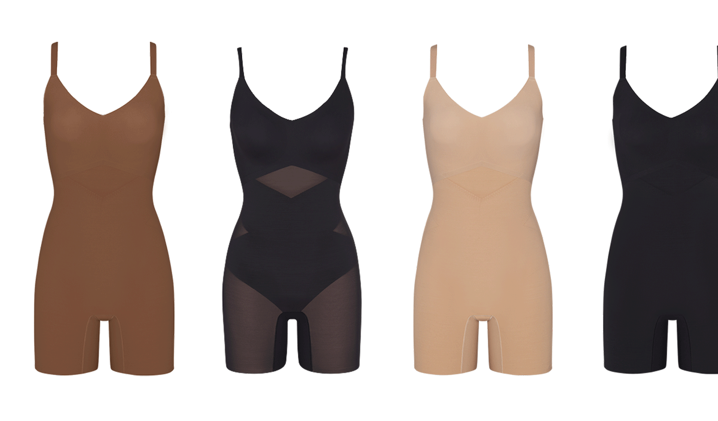 Mid-Thigh Bodysuit colors - Runway, Sand, Vamp, Toffee