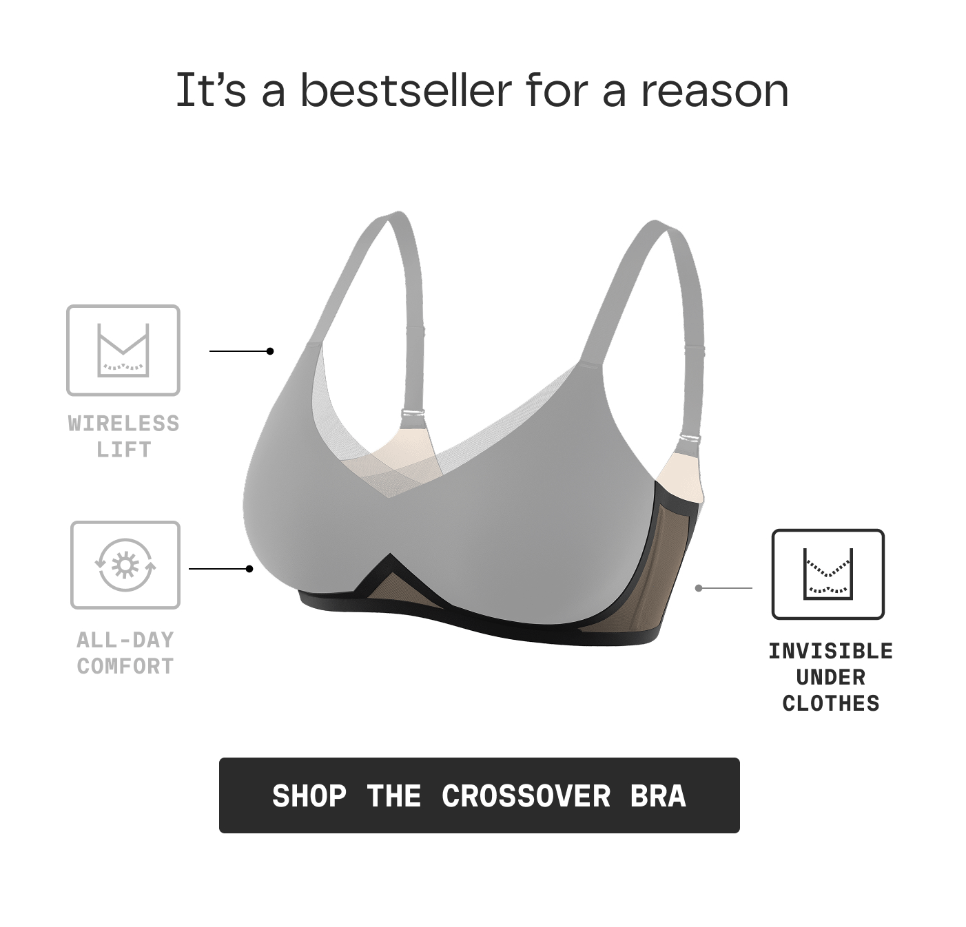 It's a bestseller for a reason | WIRELESS LIFT | ALL-DAY COMFORT | INVISIBLE UNDER CLOTHES | SHOP THE CROSSOVER BRA
