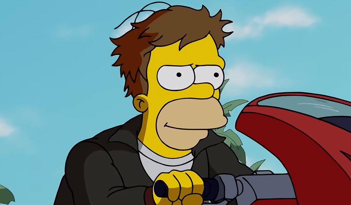 Homer Simpson rides a motorcycle.