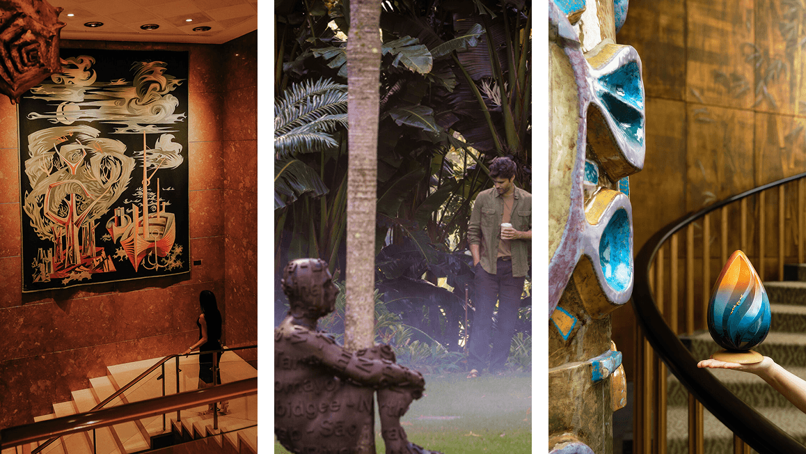 Collage featuring 3 images (left‑aligned): 1) Staircase with large mural artwork on a warm-toned wall. 2) A guest standing in a lush garden beside tropical plants and sculpture. 3) Hand holding a blue glass sculpture beside a curved staircase and textured wall with ceramic art.