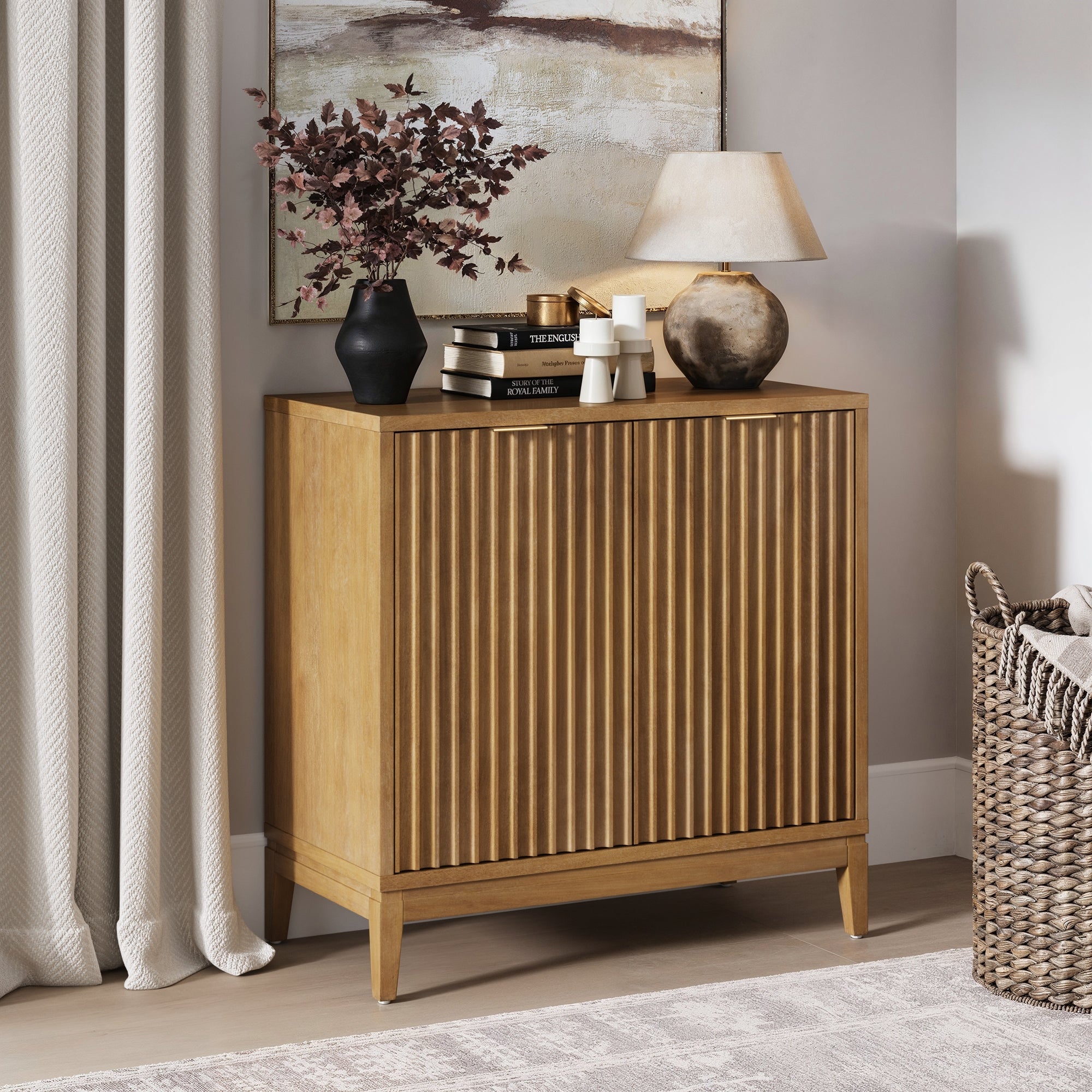 Image of Mid-Century Fluted Storage Cabinet Light Brown