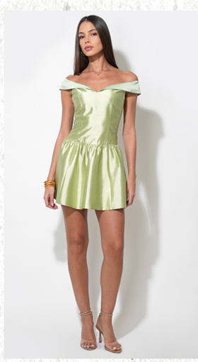 Darcy Off Shoulder Satin Drop Waist Mini Dress