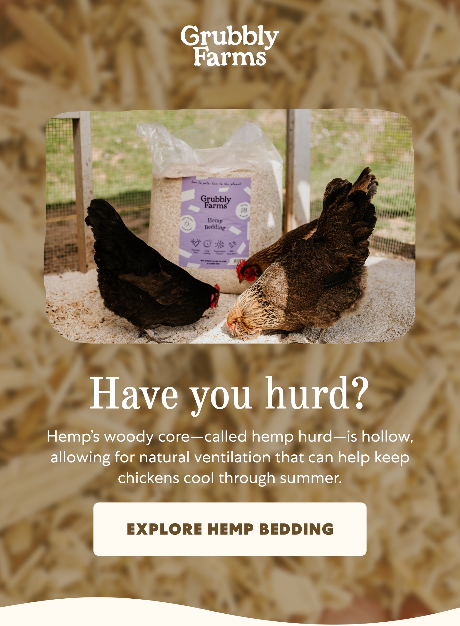 Have you hurd? Hemp’s woody core—called hemp hurd—is hollow, allowing for natural ventilation that can help keep chickens cool through summer. Explore Hemp Bedding