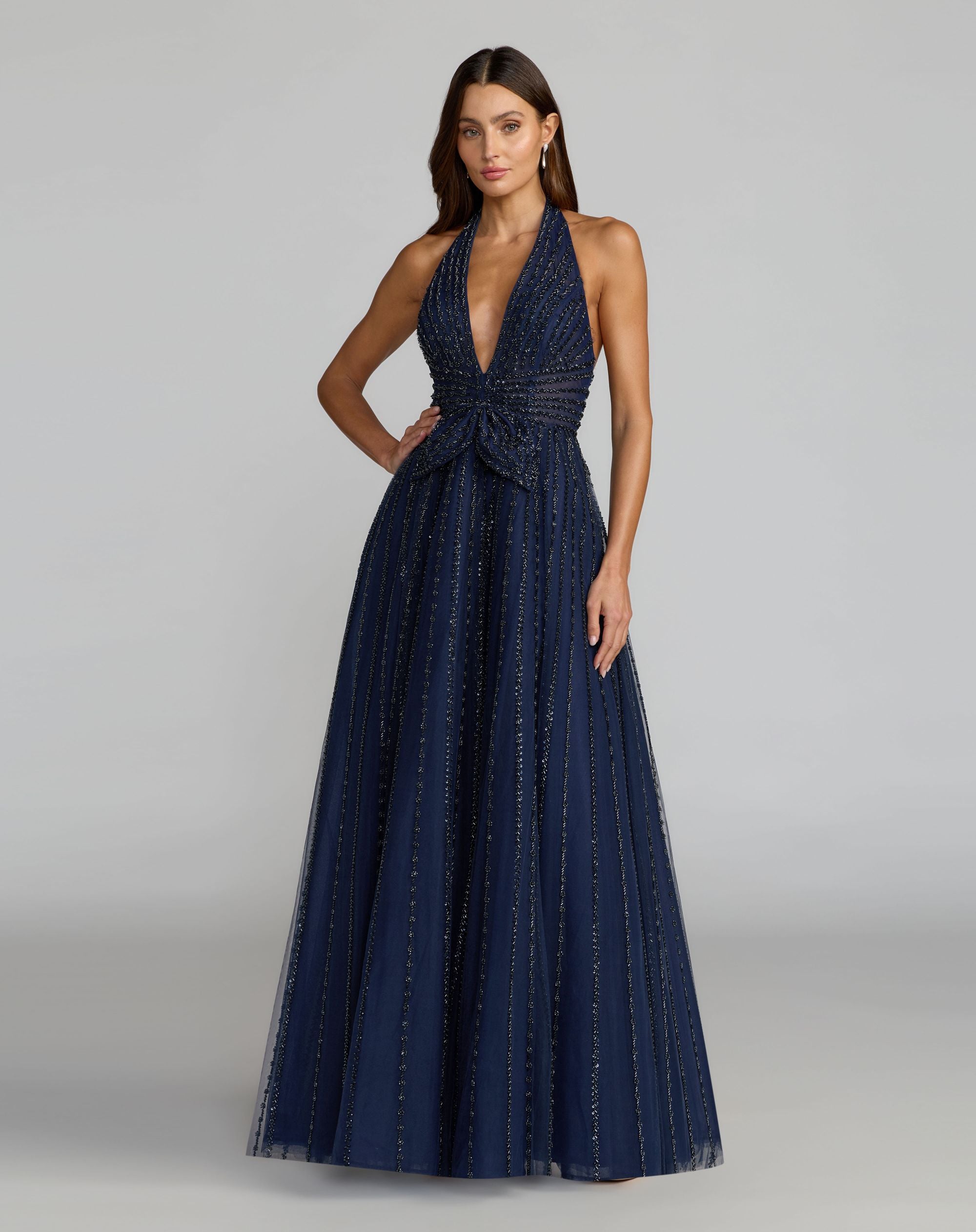 Image of Navy Beaded Halter Neck Open Back A-Line Gown