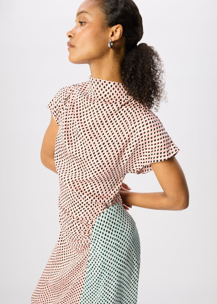 Pink Graphic Check Cowl Neck Dress