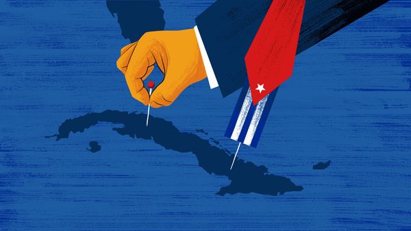 Illustration of Trump's hand putting a pin in a map of Cuba, another pin has the Cuban flag with Trimp's tie forming the red part of the flag