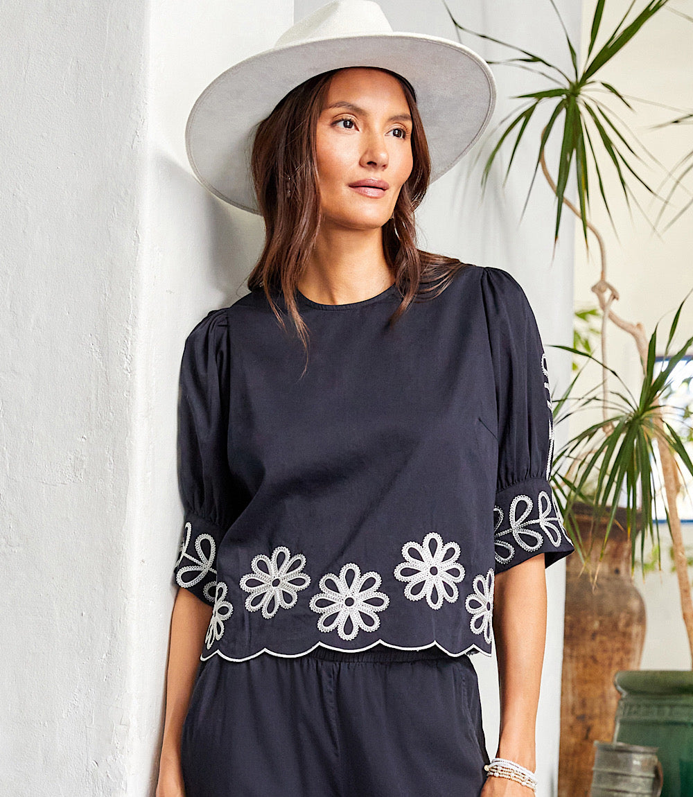 Image of 3/4 Sleeve Embroidered Scallop Top