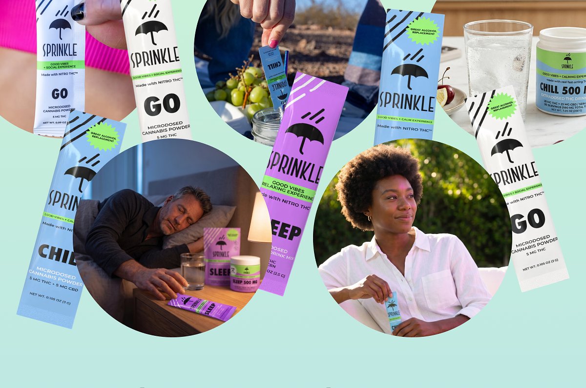 Various products from Sprinkle, including Chill, Sleep, Go, and Chill 500, displayed with people using them.