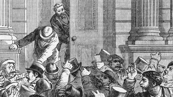 Engraving depicting the closing of the doors of the New York Stock Exchange on its members, during the panic of 1873.