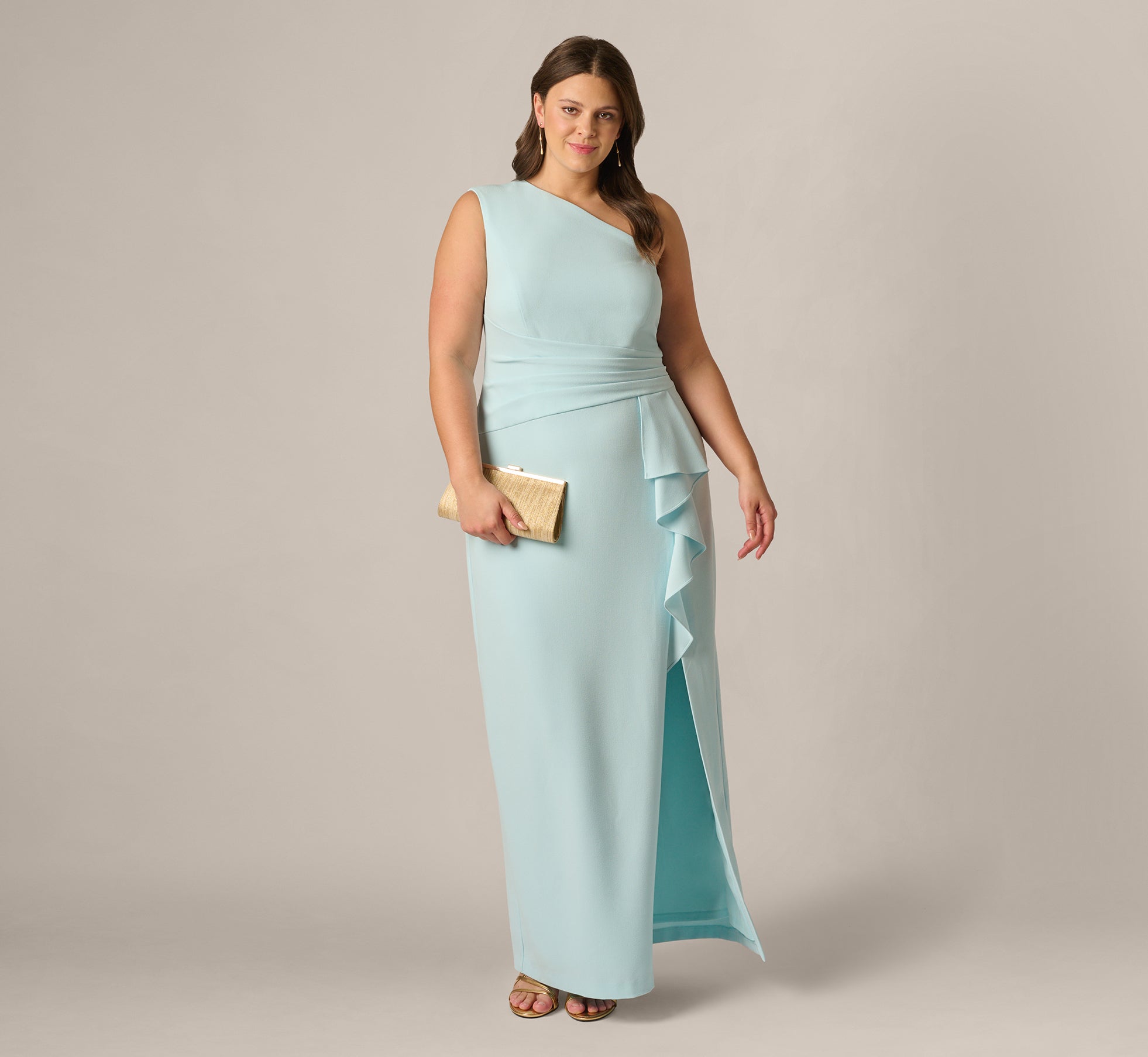 Image of Plus Size One Shoulder Draped Ruffle Stretch Gown In Clear Sky