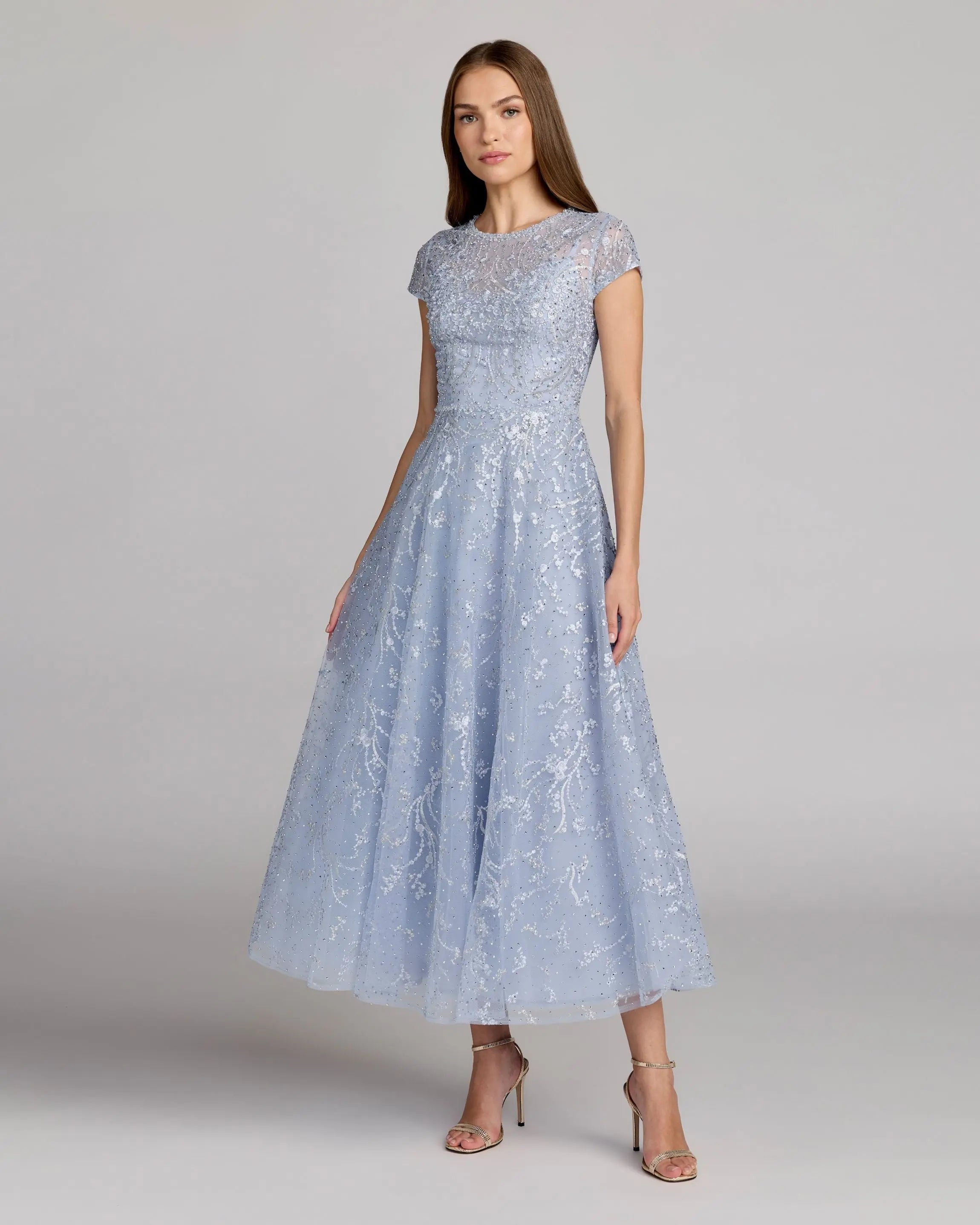 Image of Blue Embellished High Neck Cap Sleeve A Line Dress