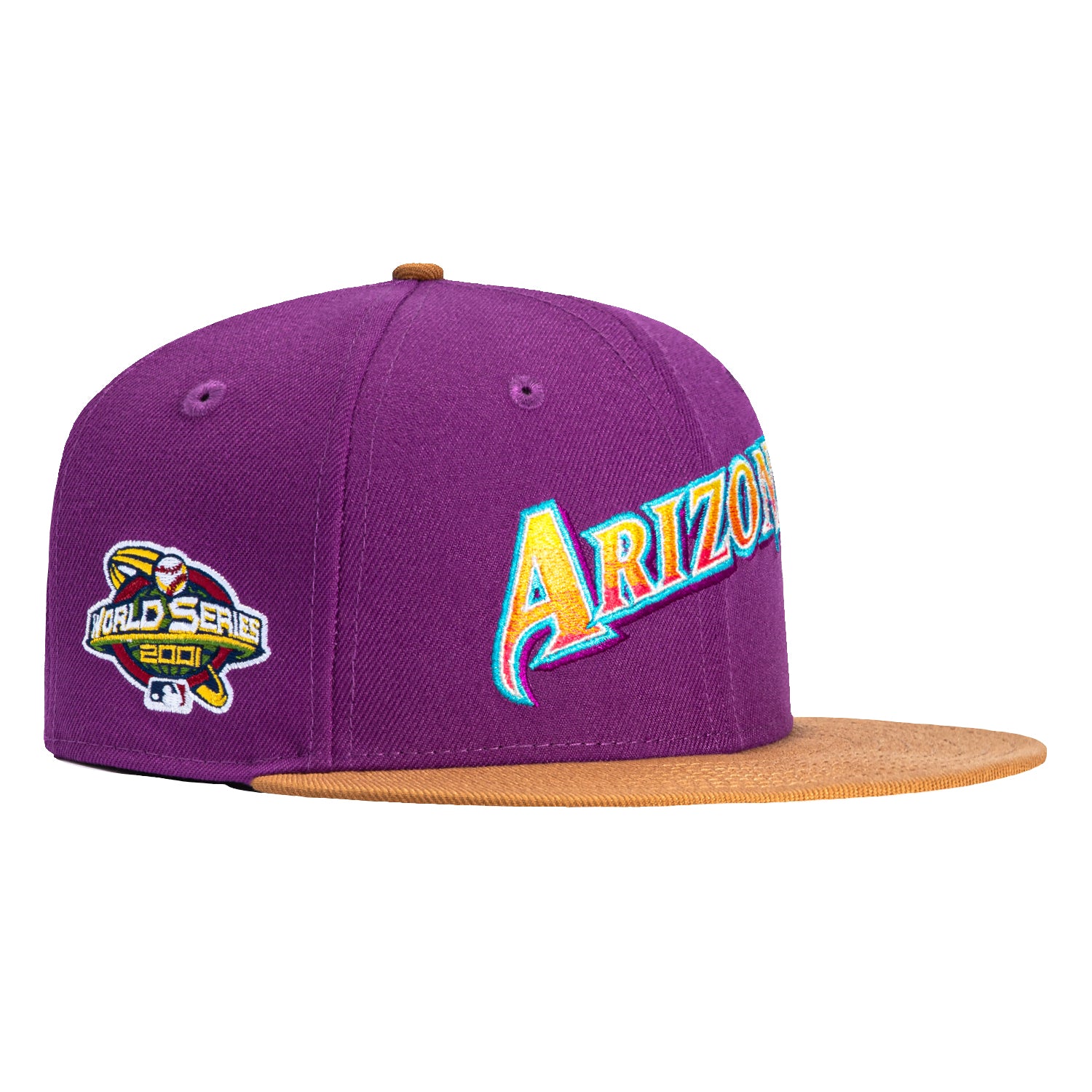 Image of New Era 59Fifty Salt Water Taffy Arizona Diamondbacks 2001 World Series Patch Script Hat - Purple, Khaki