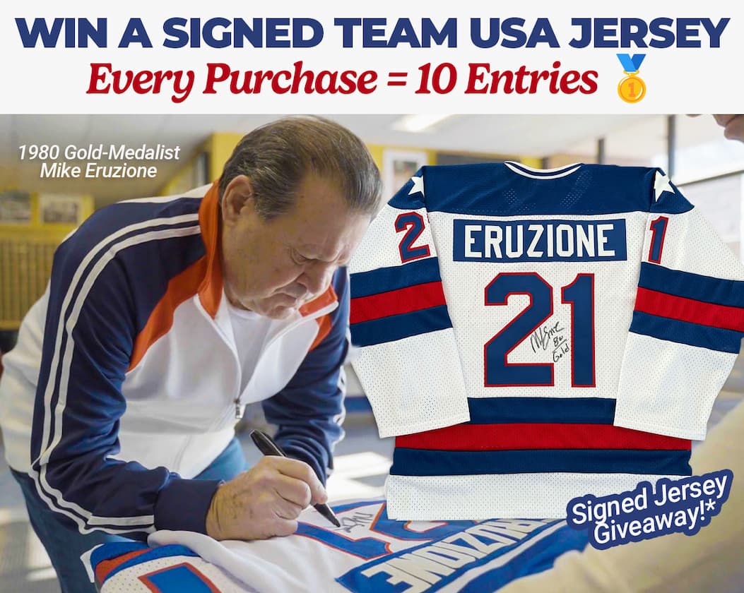 WIN A SIGNED TEAM USA JERSEYEvery Purchase = 10 Entries 🥇. 1980 Gold-MedalistMike Eruzione. Signed Jersey Giveaway!* [IMG OF MIKE SIGNING JERSEY]