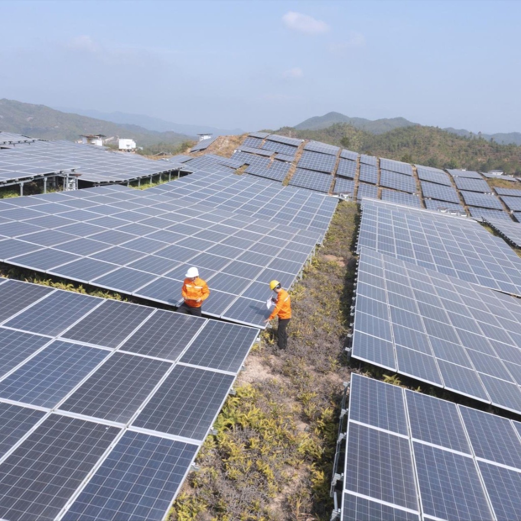 People standing next to solar panels