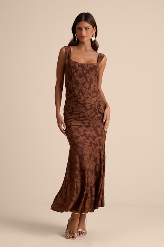 Image of Celeste Brown Floral Burnout Bustier Maxi Dress
