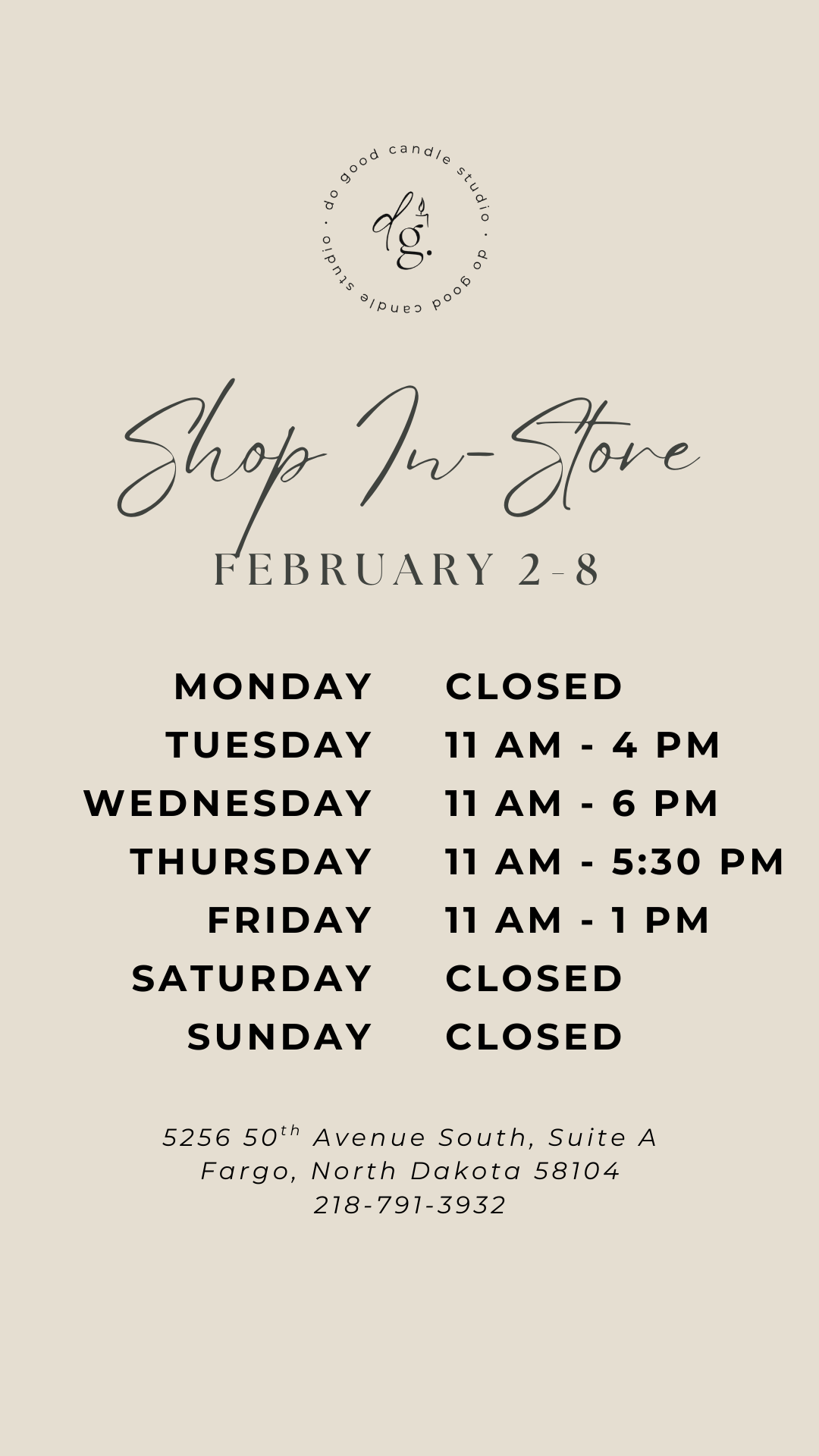 graphic with studio hours for the upcoming week