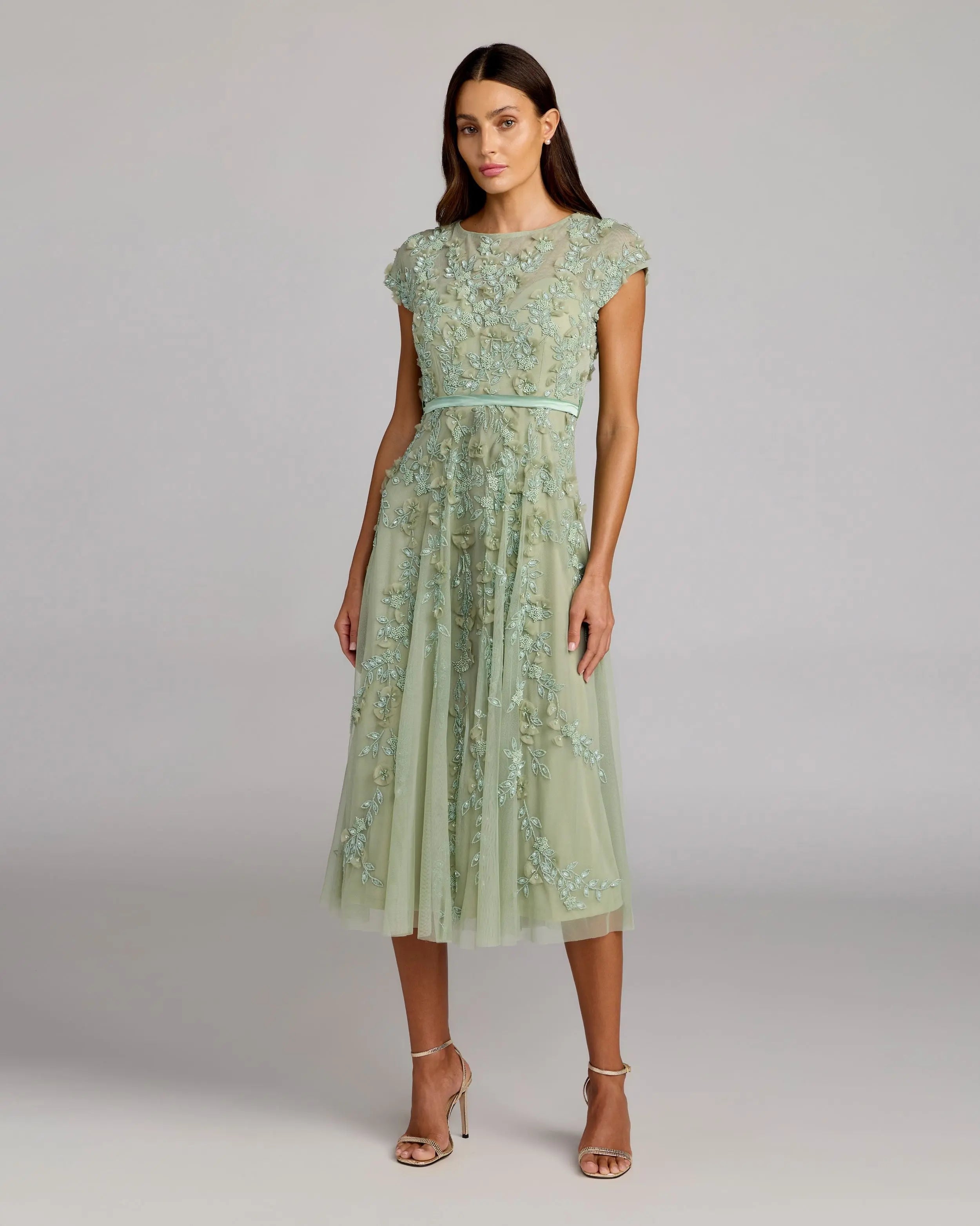 Image of Green Floral Embellished Cap Sleeve Midi Dress