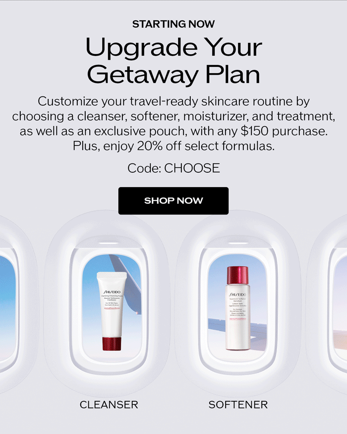 Customize your travel-ready skincare routine by choosing a cleanser, softener, moisturizer and treatment, plus an exclusive pouch, with any $150 purchase.