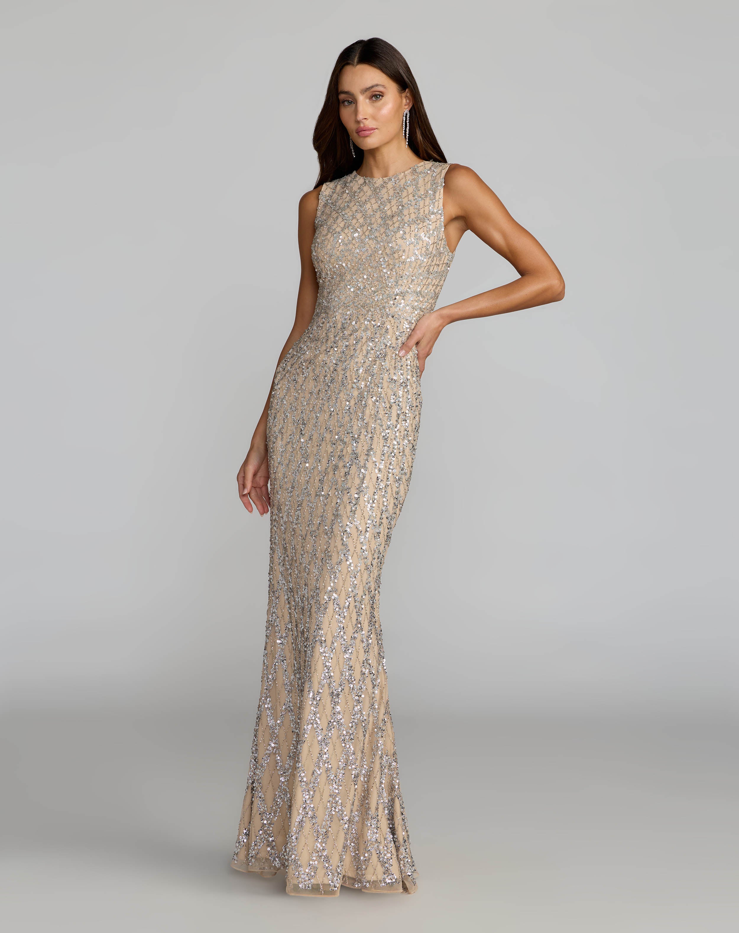 Image of Nude Sleeveless Beaded Column Gown
