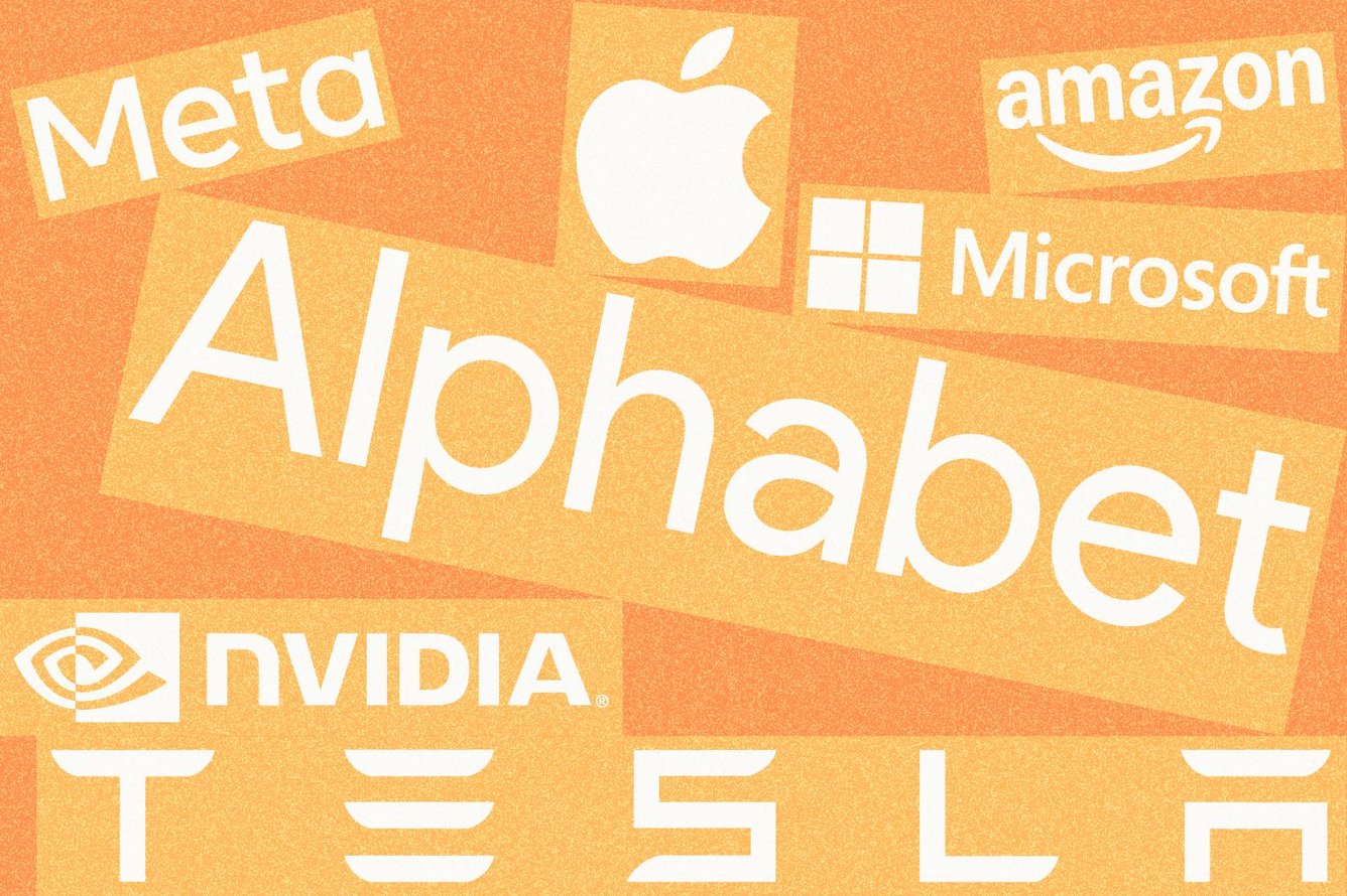 Collage showing a jumble of Mag 7 logos stacked on each other, with Tesla and Alphabet as the biggest ones, along with Meta, Nvidia, Apple, Microsoft, and Amazin.