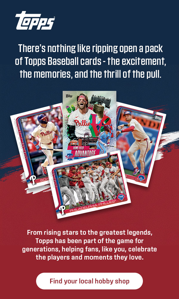 There's nothing like ripping open a pack of Topps Baseball cards - the excitement, the memories, and the thrill of the pull. From rising stars to the greatest legends, Topps has been part of the game for generations, helping fans, like you, celebrate the players and moments they love. Find your local hobby shop.