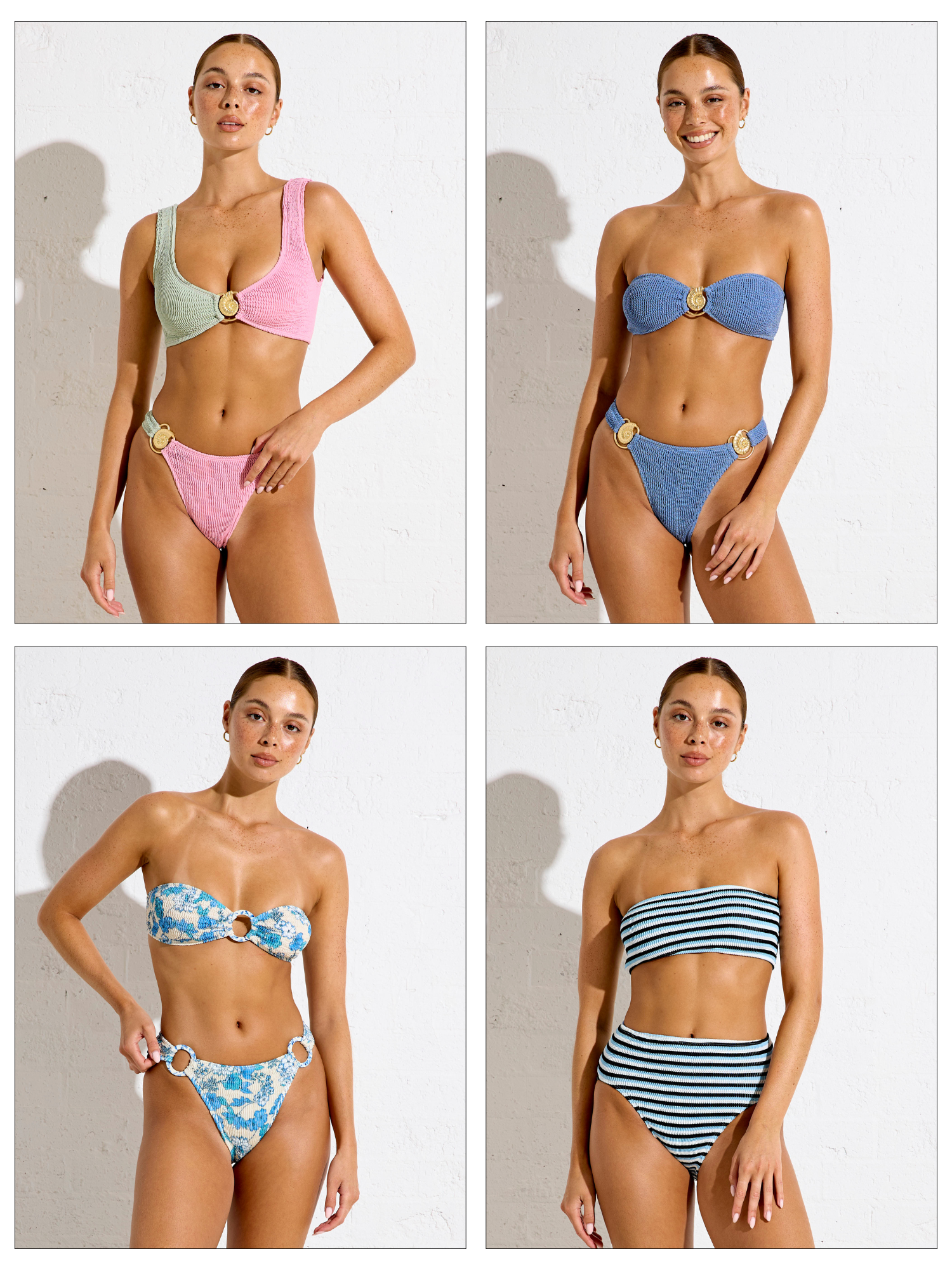 model wearing beaded bikini and blue floral bikini