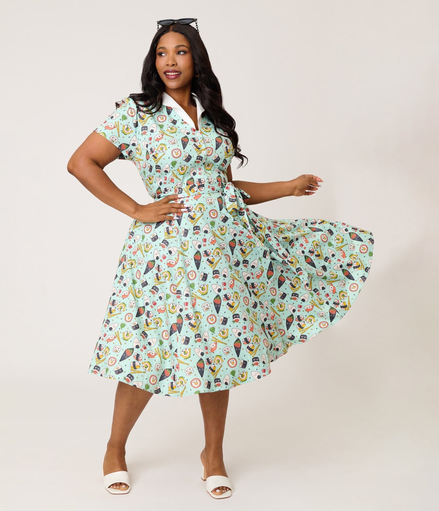 Image of Unique Vintage Plus Size Mint Sushi Print Shirt Dress