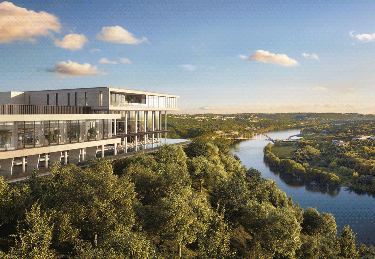 Hero GIF featuring 4 scenes: 1)Exterior view of modern residence overlooking a winding river and lush valley. 2) Sunlit living room with floor-to-ceiling windows and panoramic city and valley views. 3) Contemporary residential entrance framed by gardens with distant skyline views. 4) Bright, minimalist bedroom with large picture window overlooking the city skyline.