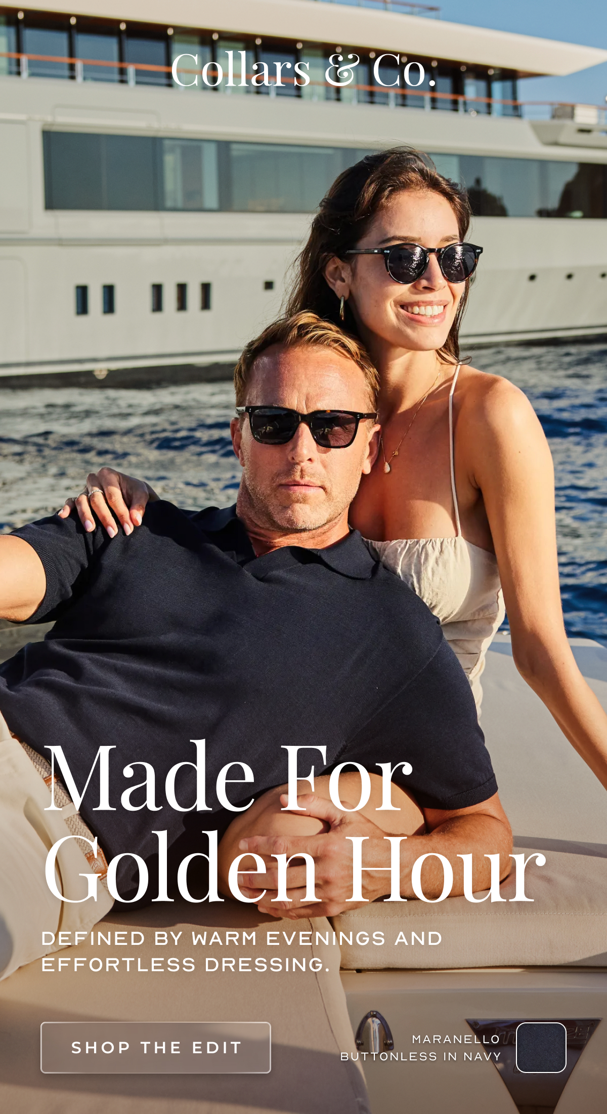Made For Golden Hour Defined by warm evenings and effortless dressing. Shop the Edit maranello buttonless in navy