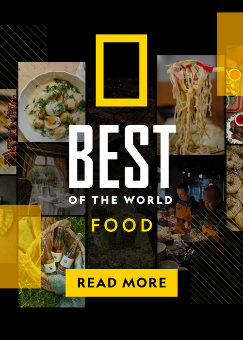 A collage of various food dishes and cooking scenes with a yellow border and text overlay.