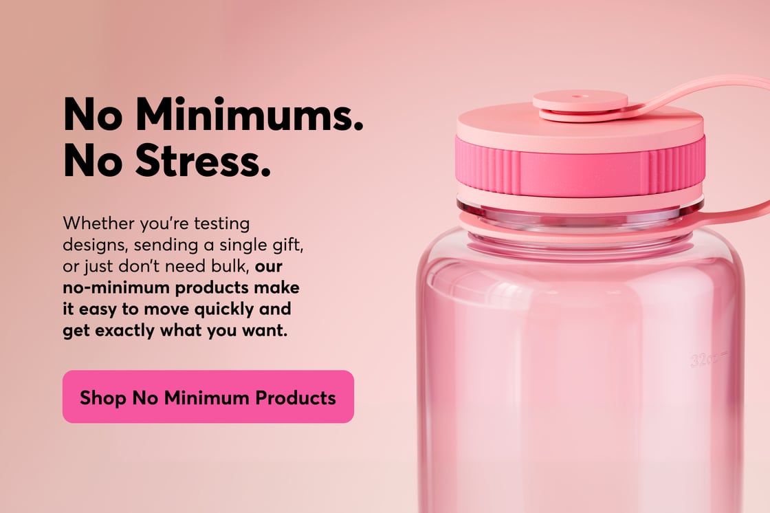 A pink water bottle on a light pink background, next to a title that says "No Minimums. No Stress."