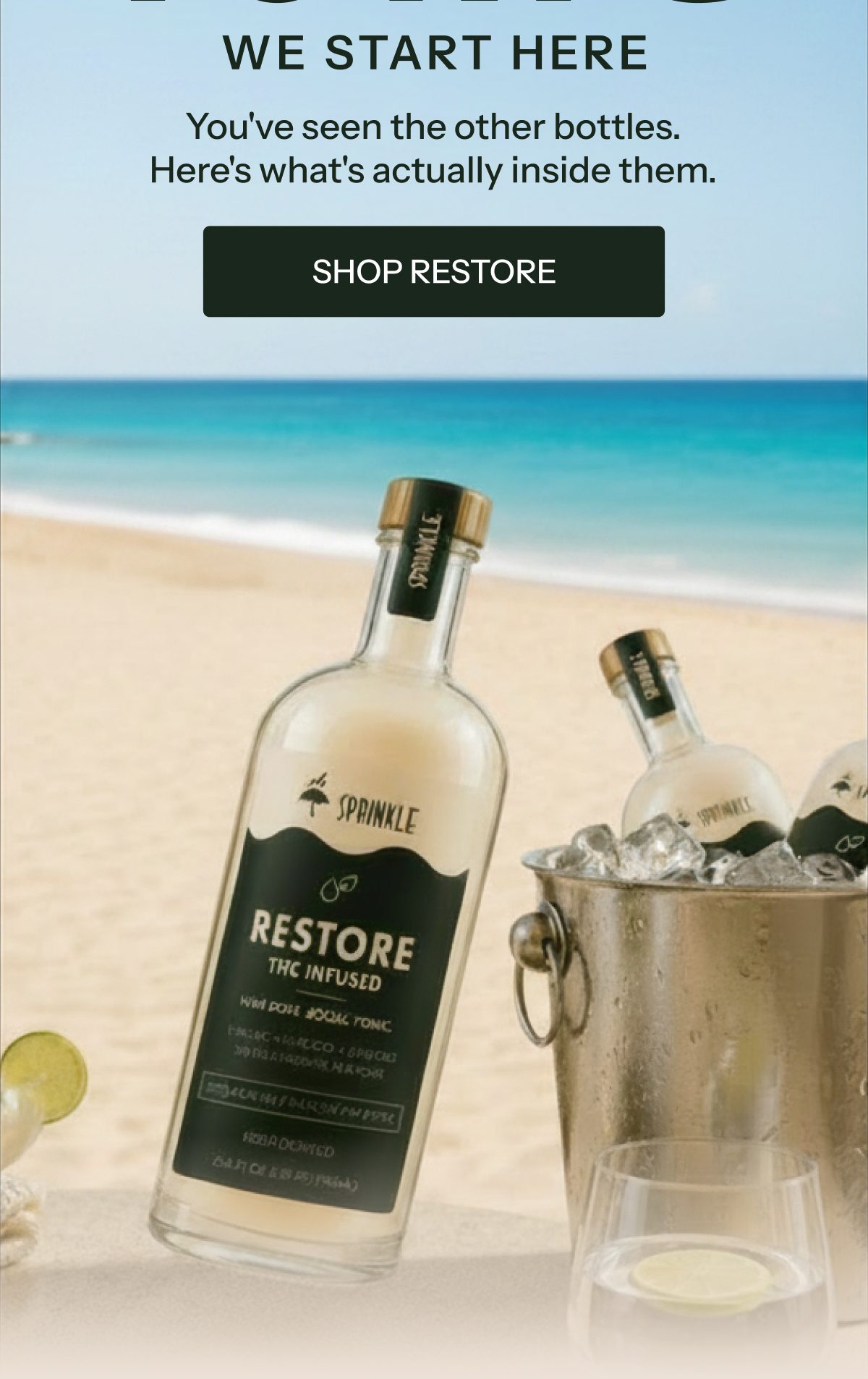 A bottle of Restore THC infused drink on a beach with ice and lime.