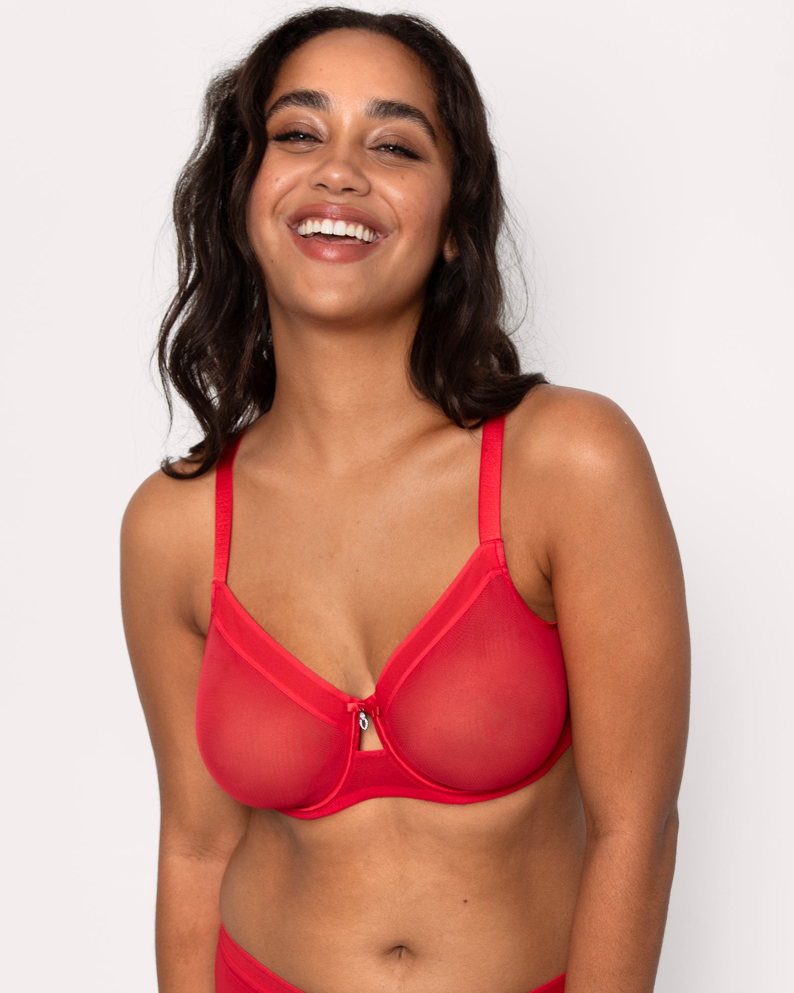Image of Sheer Mesh Full Coverage Unlined Underwire Bra - Diva Red