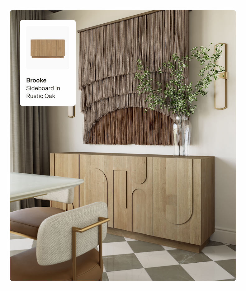A Brooke Sideboard in Rustic Oak with a unique curved pattern on the cabinet doors, situated below a large brown and beige macrame wall hanging.
