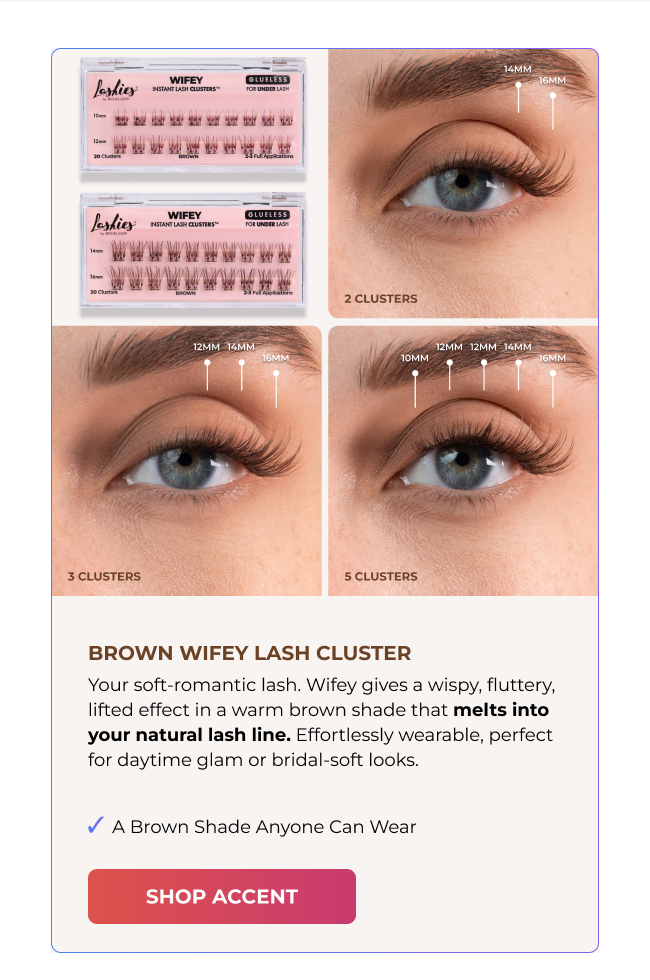 Composite image showing Brown Wifey Instant Lash Clusters with two product trays and close-up eye looks wearing 2, 3, and 5 clusters in warm brown, demonstrating different lash maps and lengths.
