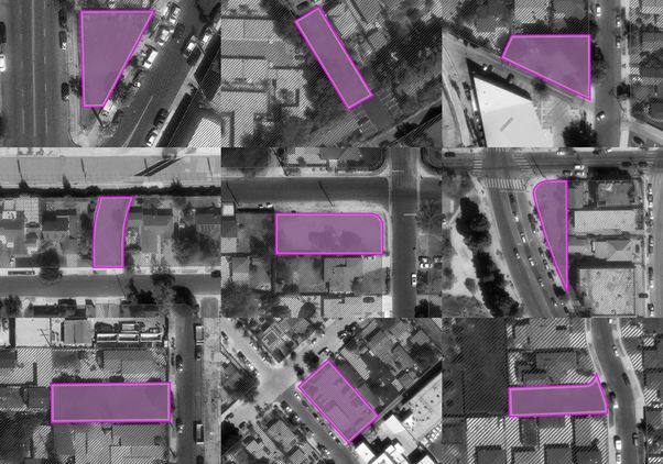 Aerial view with solid pink squares outlining nine representative parcels of land on city streets