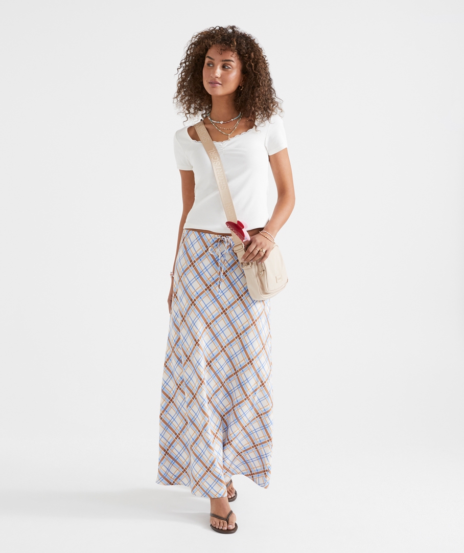 AVA BIAS DRAWCORD LINEN BLEND MIDI SKIRT