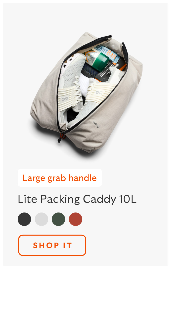 [Product name] Lite Packing Caddy 10L [Starburst] Large grab handle [CTA] Shop it