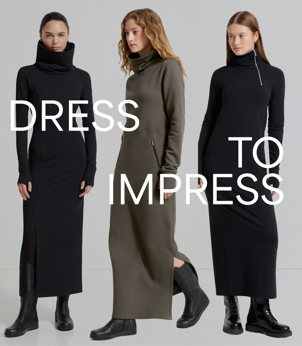 Mily in The Lisa Sweatshirt Dress stands with Sophie wearing The Allen Sweatshirt Dress, and Bianca in Abby Sweatshirt Dress, with the text “Dress to Impress.”