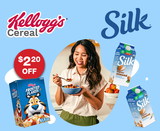Kellogs cereal $2.20 OFF. Silk almond milk