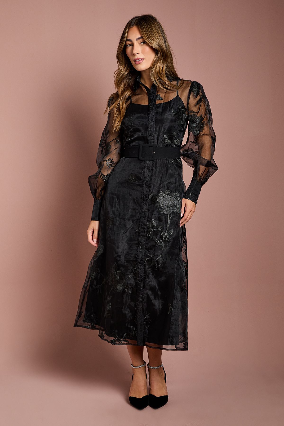Long Sleeve Embellished Organza Shirt Dress