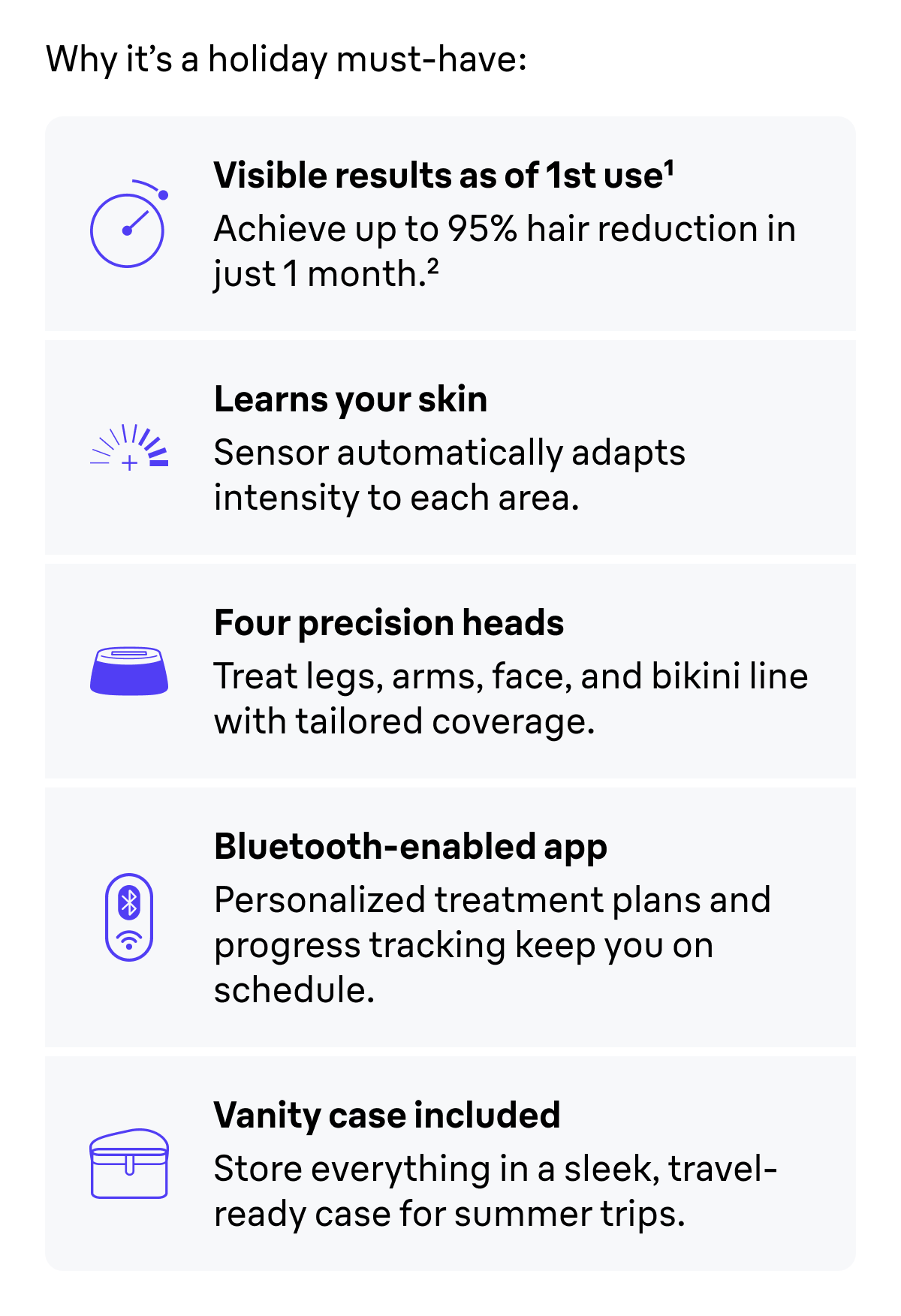 Why it’s a holiday must-have:  Visible results as of 1st use – Achieve up to 95% hair reduction in just 1 month. Learns your skin – Sensor automatically adapts intensity to each area. Four precision heads – Treat legs, arms, face, and bikini line with tailored coverage. Bluetooth-enabled app – Personalized treatment plans and progress tracking keep you on schedule. Vanity case included – Store everything in a sleek, travel-ready case for summer trips.