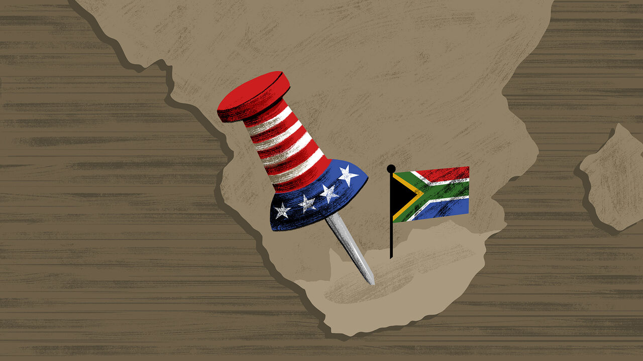 An illustration of a large US flag-themed pin next to a smaller South African flag on the map of South Africa.