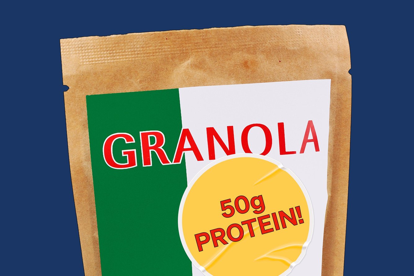 An illustration of a granola bag with a label noting it contains 50 grams of protein 