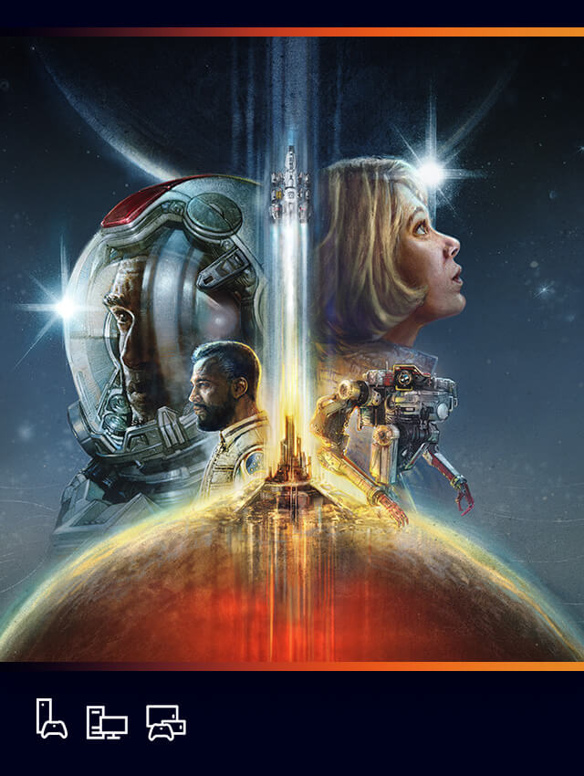 Key art for Starfield featuring stellar imagery including an astronaut, a robotic automaton, and a ship rocketing out of a planet's atmosphere. Icons for console, PC, and cloud.